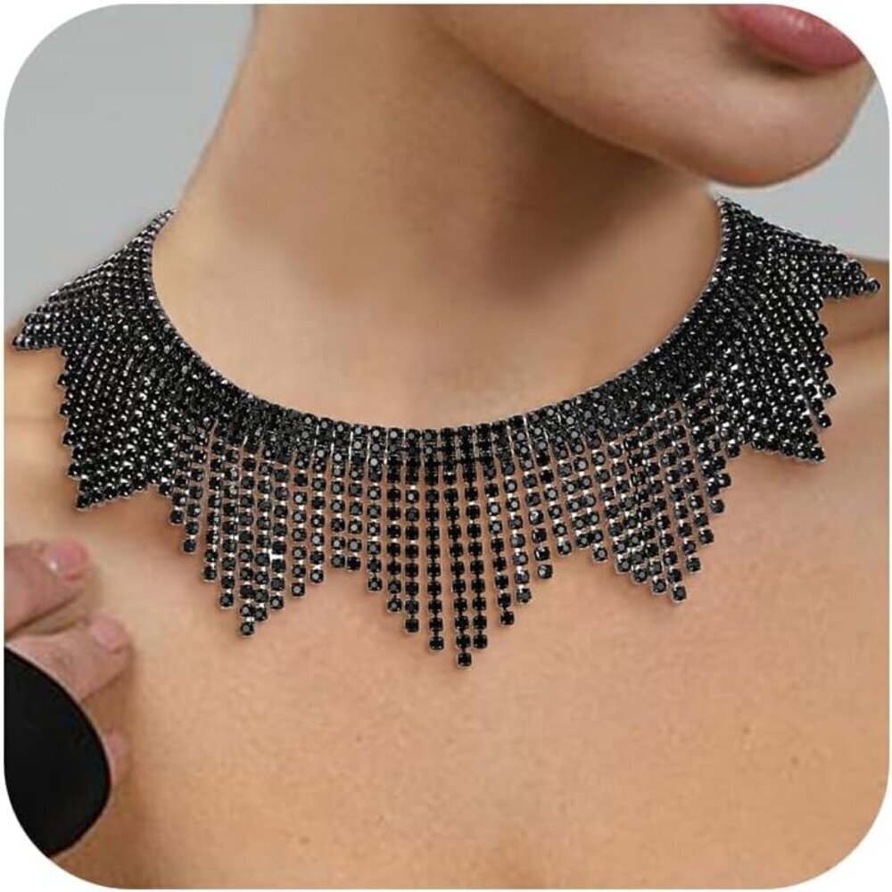 🆕 Women Black Sparkly Choker Necklace Rhinestone Crystal Tassel Chain Jewelry